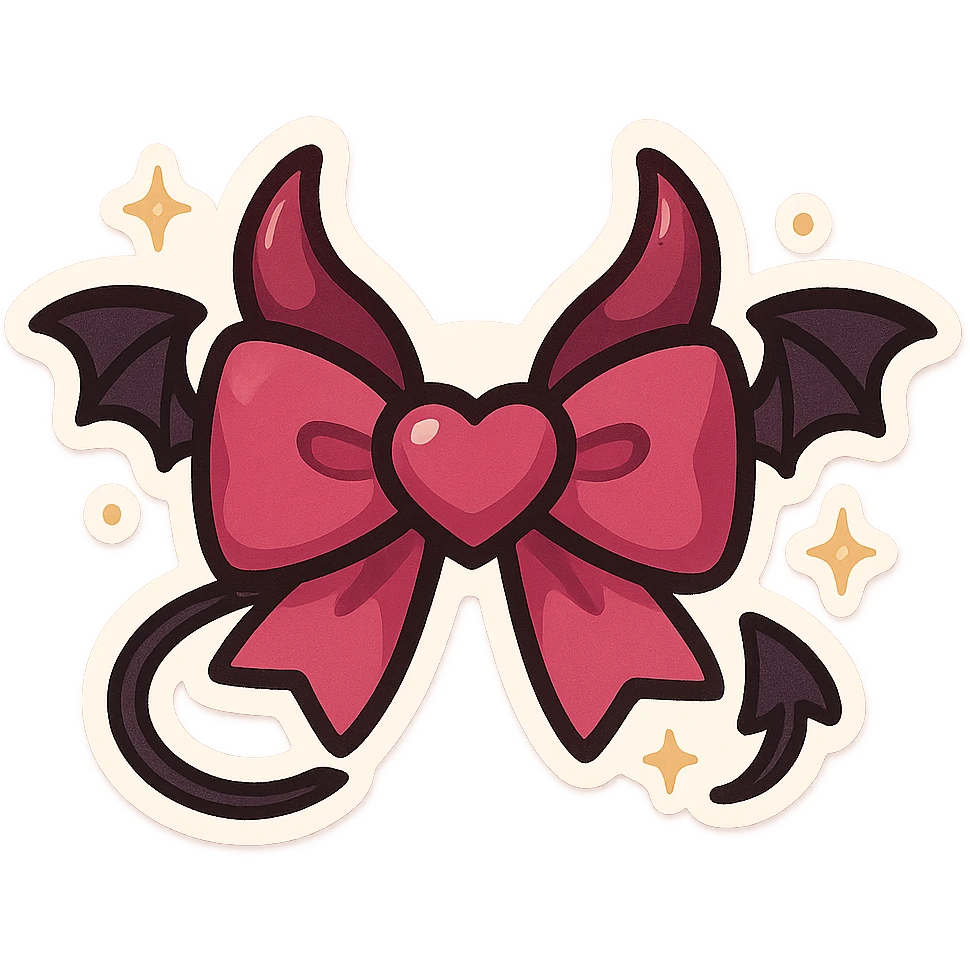 devil bow, chibi style, pink and black colors, tiny horns, heart-shaped center, cute but mischievous, bat wings, sparkles emoji