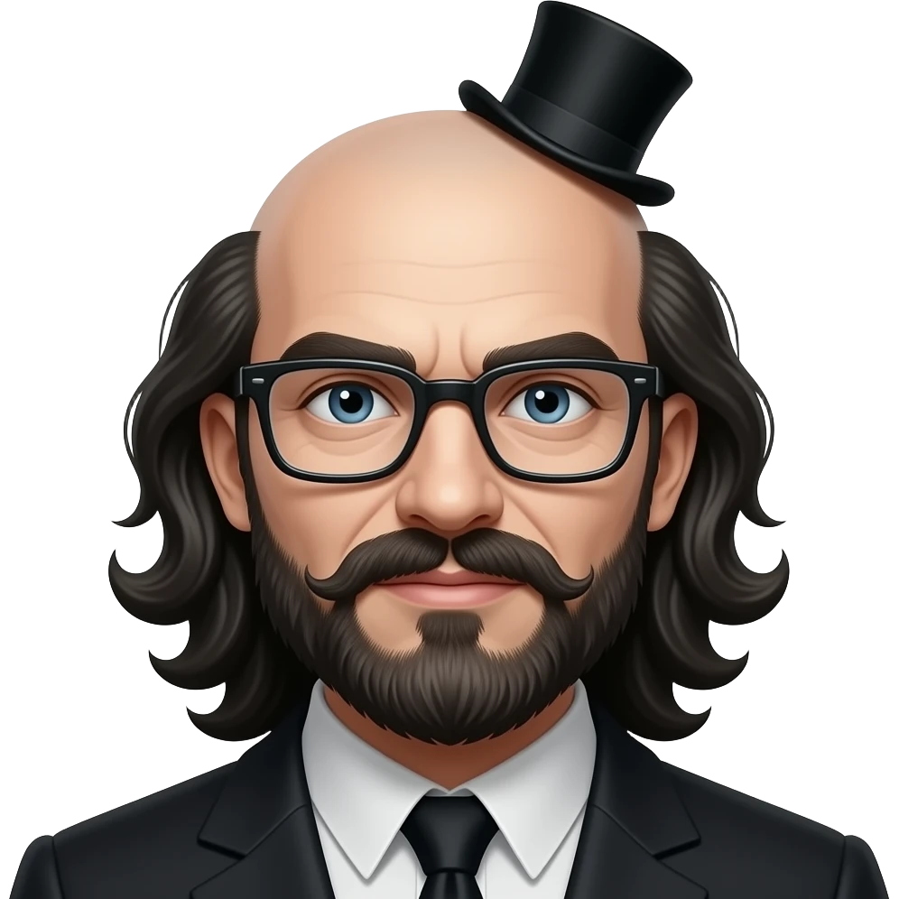 Evil man with a bald head but long curly sideburns that has a beard and is wearing square glasses as well as a tiny top hat emoji