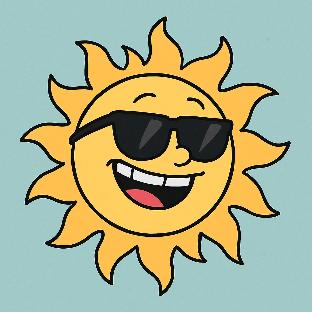 a smiling sun with sunglasses, bright colors, simple shapes, flat toon style emoji
