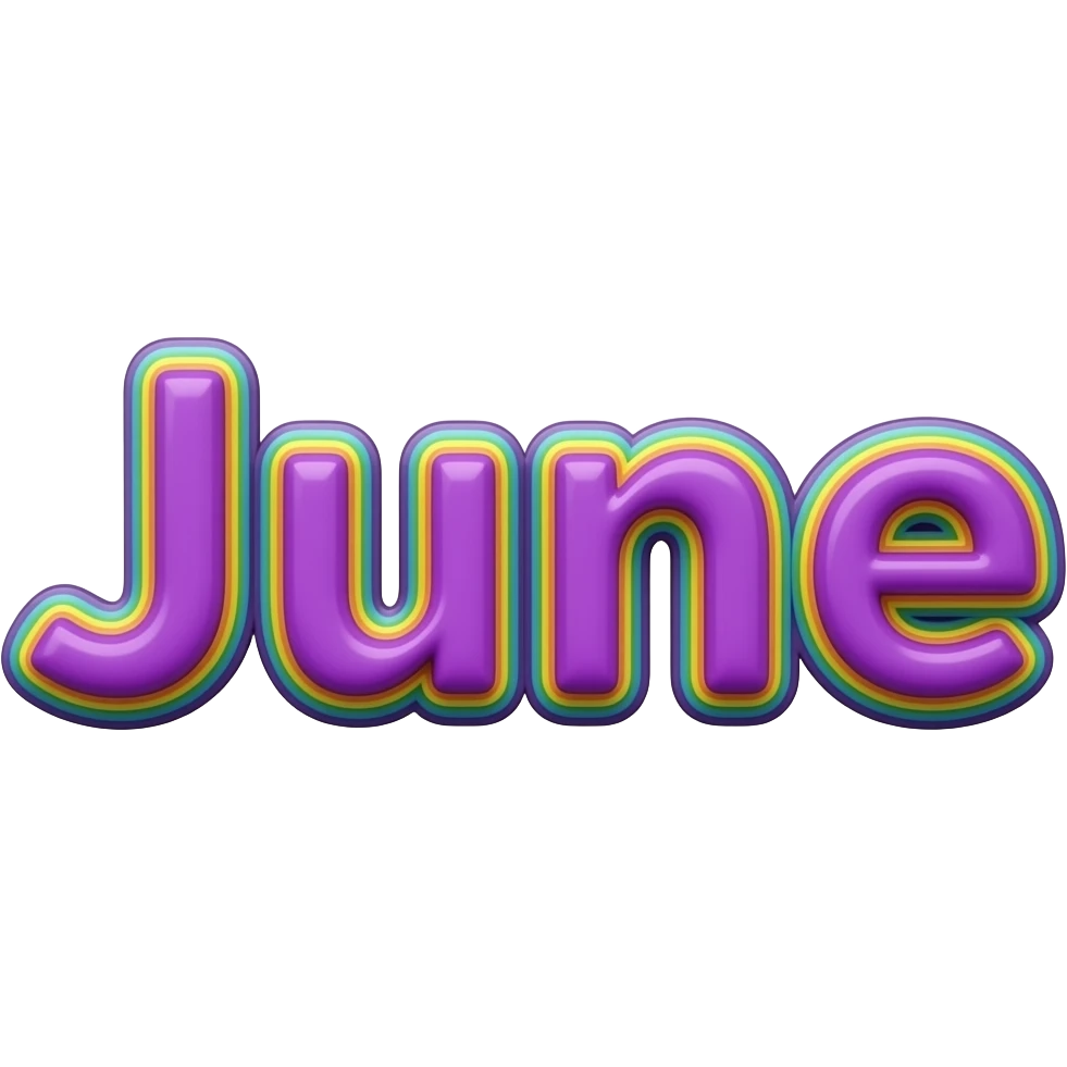 name "June" in bright bold purple, 3D style typography lettering, each color of the rainbow as a border outlined around each letter, isolated, 3d rendering, no emoji icons no emoji faces and must have no human figures emoji