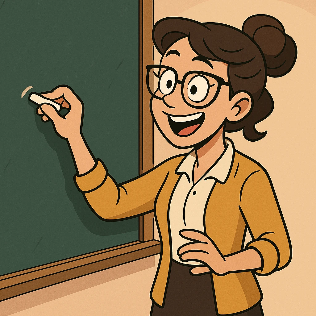 cartoon female teacher with glasses, writing on a chalkboard, cheerful and animated, cartoon style emoji