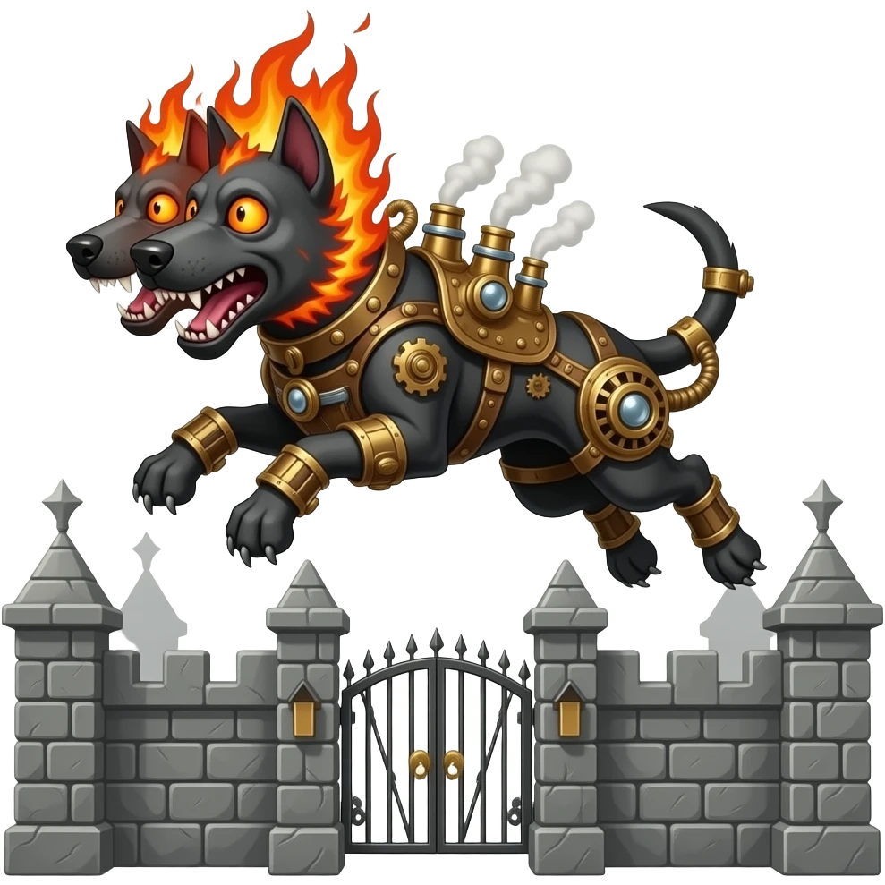 steampunk - cerberus, a three-headed zombie flaming dog - jumping - that guards the gates of the underworld emoji