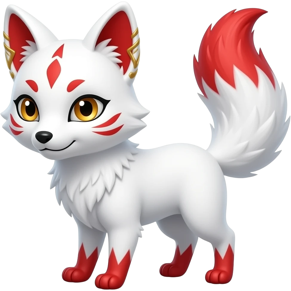A pure white one-tailed kitsune (fox form,) with red accents, (two on each cheek, and a single one of its forehead,) red on the insides of its ears, (with gold markings in the ears,) and pale golden eyes. No red on paws and a red tail tip. emoji