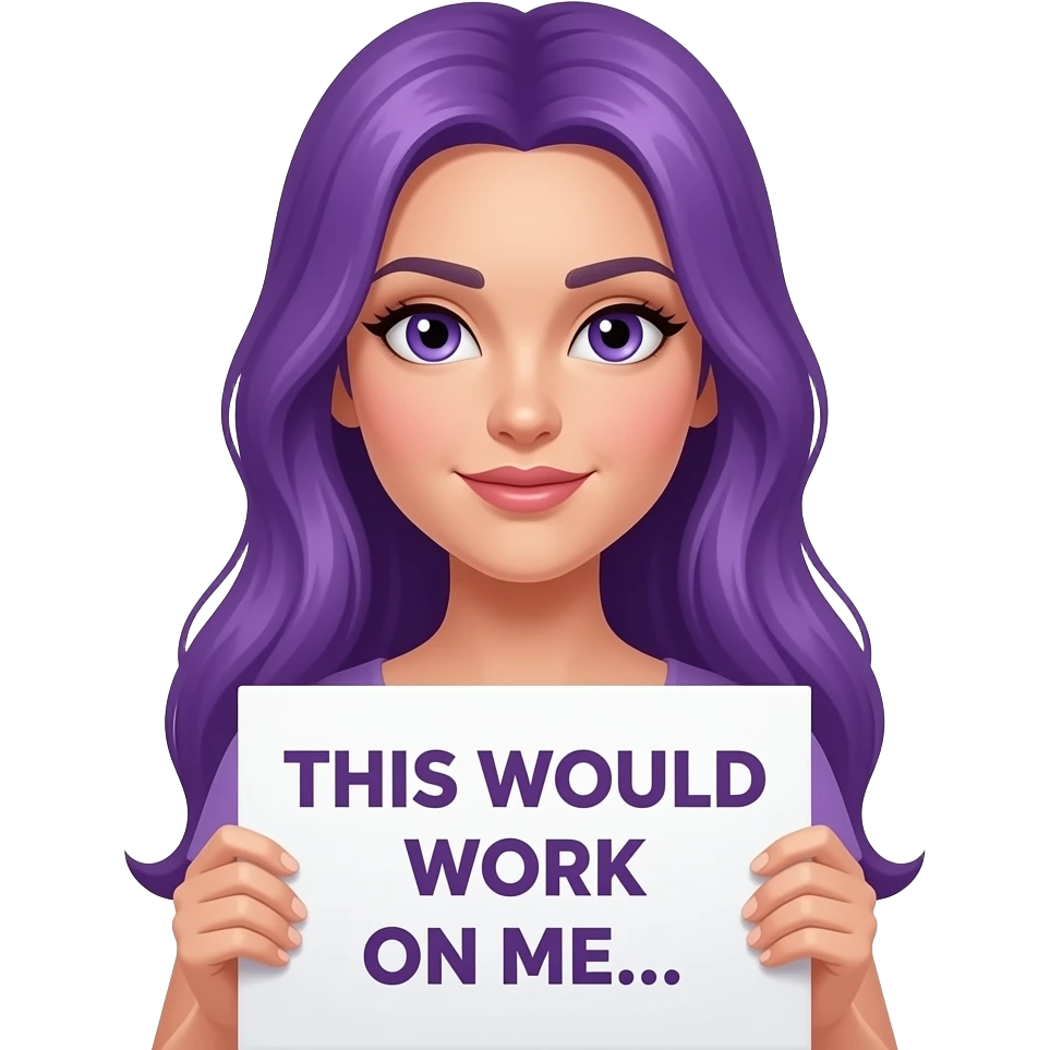 sexy girl with long purple hair and purple eyes holding a THIS WOULD WORK ON ME... sign emoji