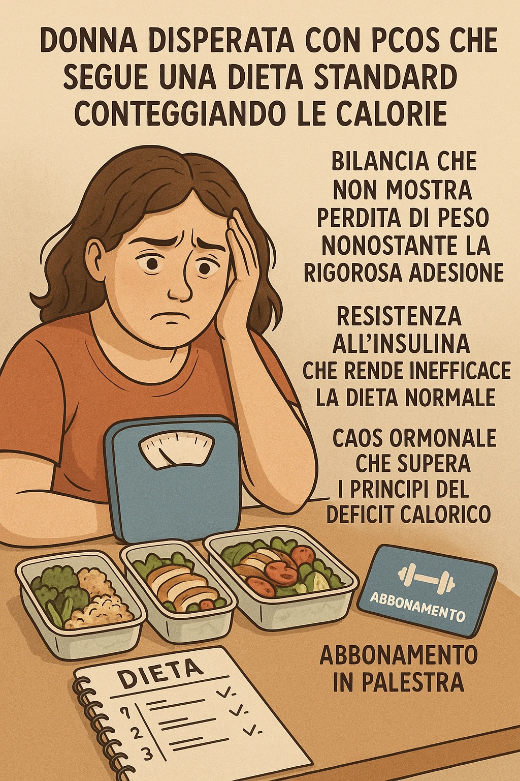 "Desperate woman with PCOS following standard calorie-counting diet, scale showing no weight loss despite strict adherence, expression of confusion and defeat, meal prep containers with healthy foods, insulin resistance making normal dieting ineffective, hormonal chaos overriding caloric deficit principles, gym membership unused due to lack of results scritte in italiano emoji