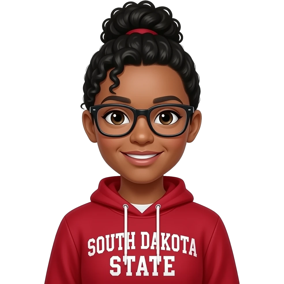 6th grade science teacher wearing a south dakota state red sweatshirt with black curly hair in a bun with black glasses fully white emoji