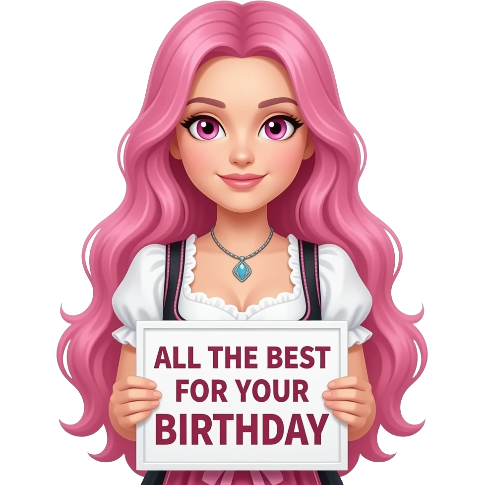 sexy girl with long pink hair and pink eyes wearing a dirndl holding a ALLES GUTE ZUM GEBURTSTAG sign emoji