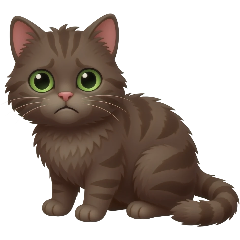 Cute sad depressed dark brown scrunkly cat with green eyes saying “NO” in red letters with a speech bubble emoji
