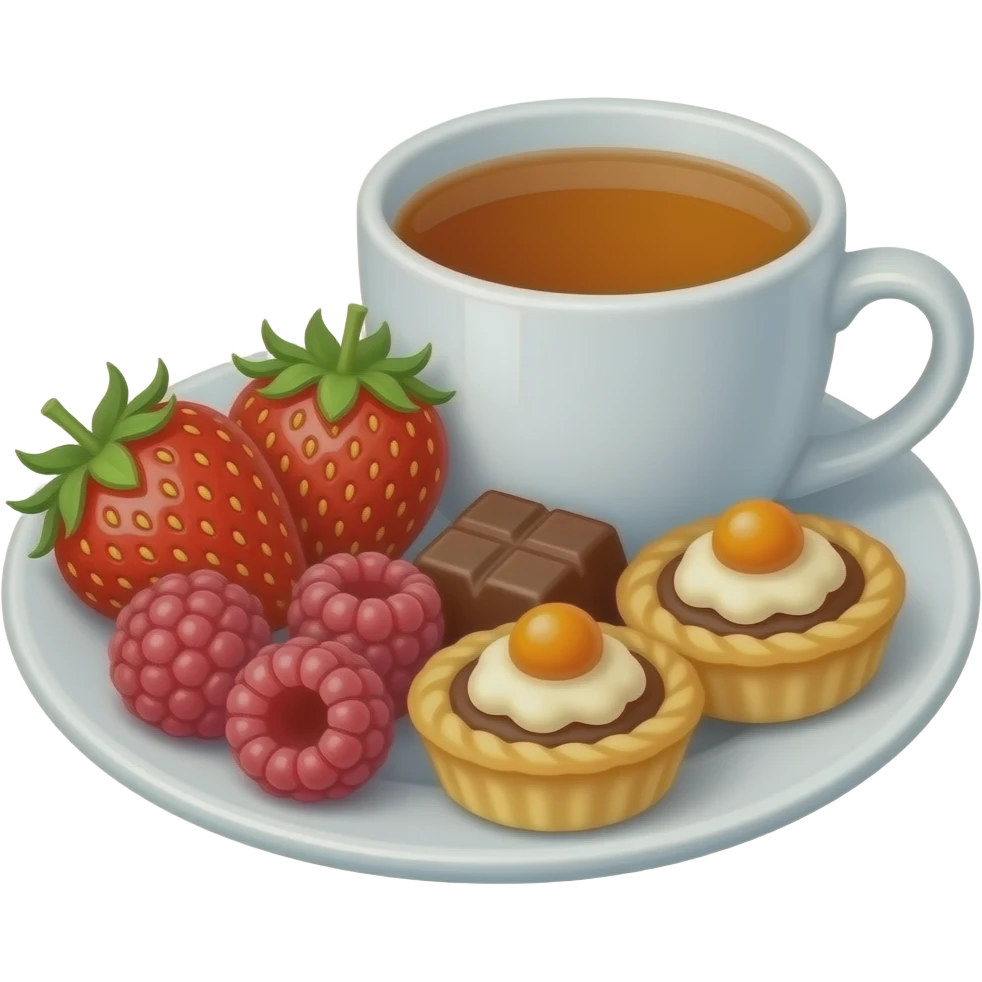 emoji-style illustration of a cozy snack plate for a reader, filled with strawberries, raspberries, chocolate, small pastries, and a cup of tea, bookish vibe, minimal background, no characters emoji