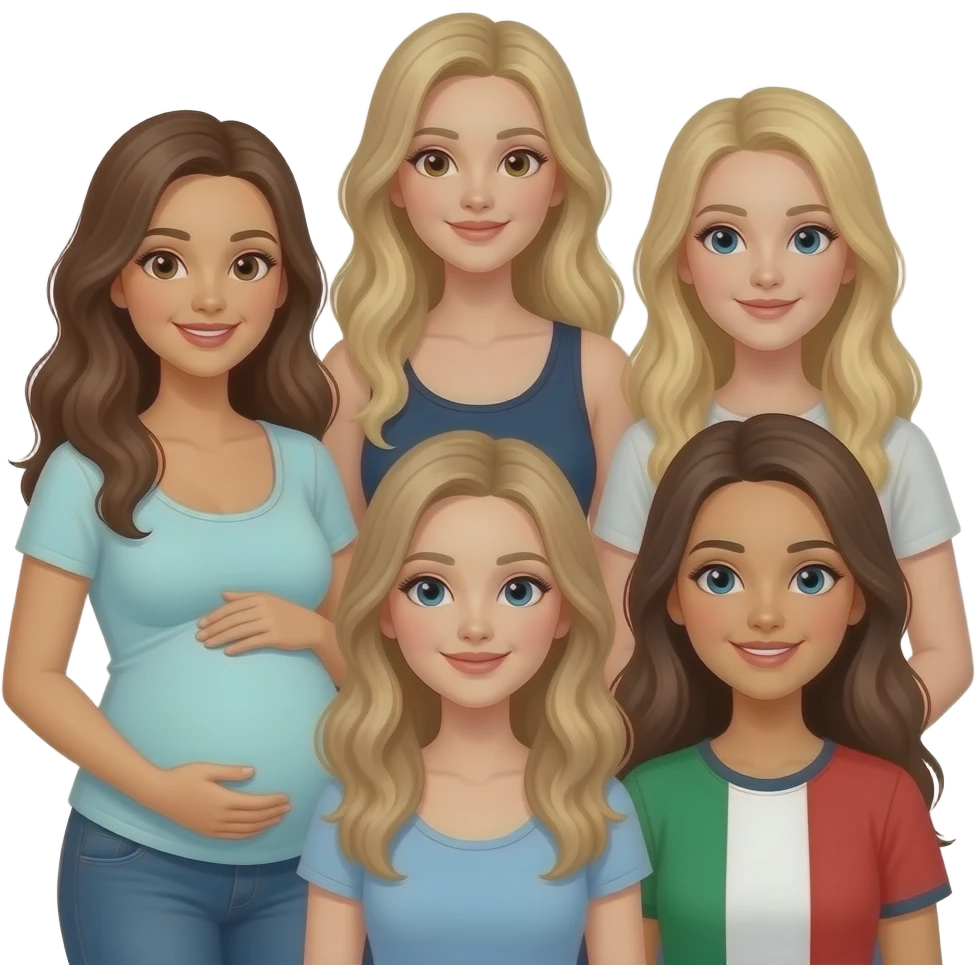 5 caucation girl friends long hair : a brunette who is pregnant, a dirty blonde tall thin, a blonde thin, a dirty blonde thin, a brunette Italian emoji