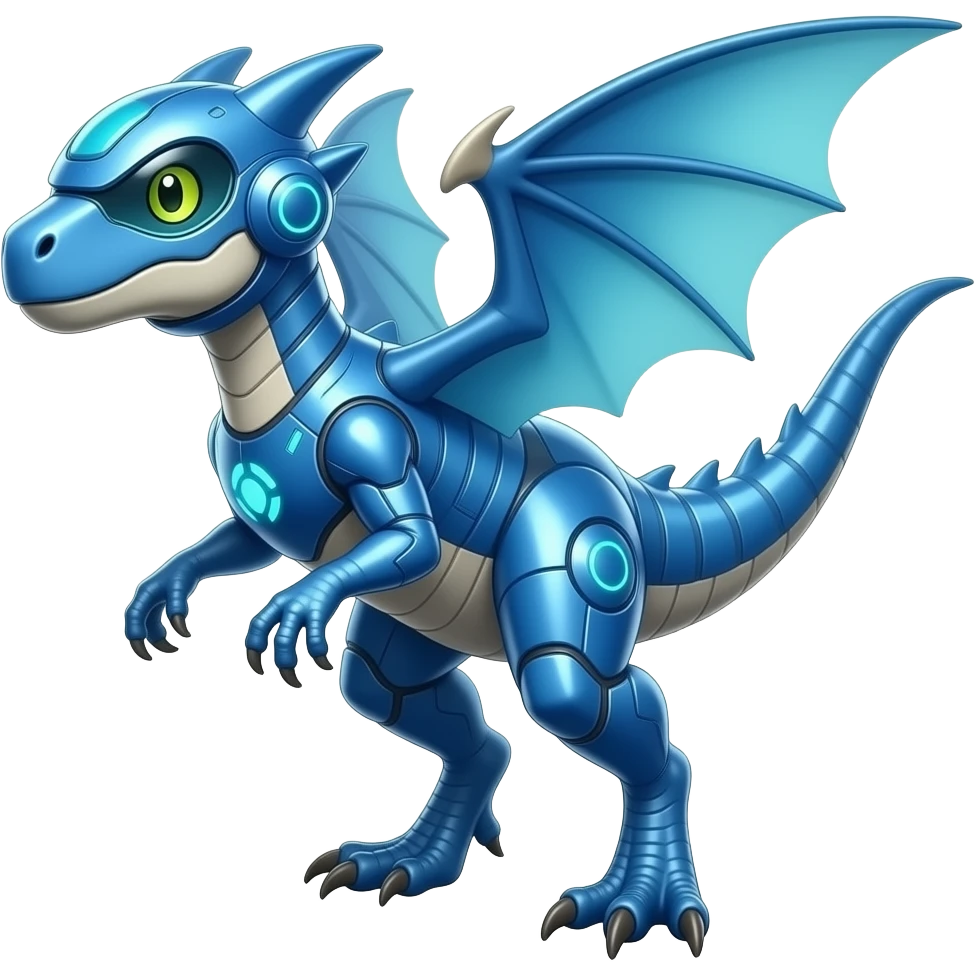 a shiny blue Genesect-Flygon-Raptor-Fakémon—hybrid with a futuristic visor-helmet full body emoji