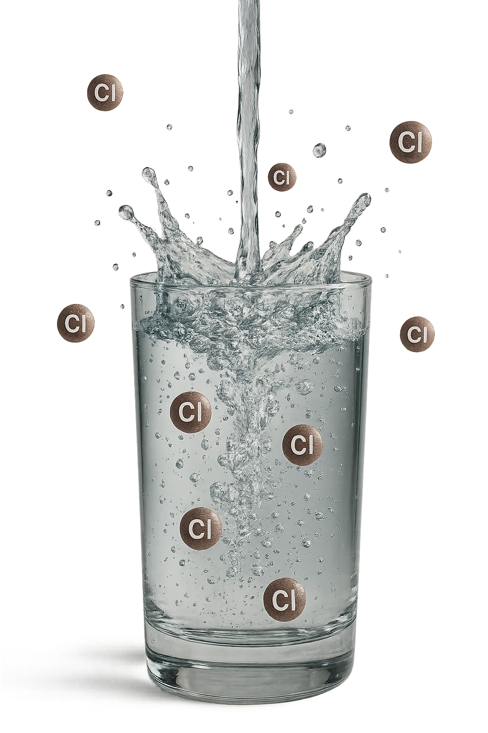 un bicchiere di acqua cade verticalmente dall'alto realistico e dettagliato, dentro l'acqua del bicchiere ci sono particelle di cloro ben visibili con la scritta "Cl" sopra, ci sono particelle anche che escono dal bicchiere e fluttuano in aria verticalmente, mentre alcune sono all'interno dell'acqua nel bicchiere, iperrealistico 4k emoji