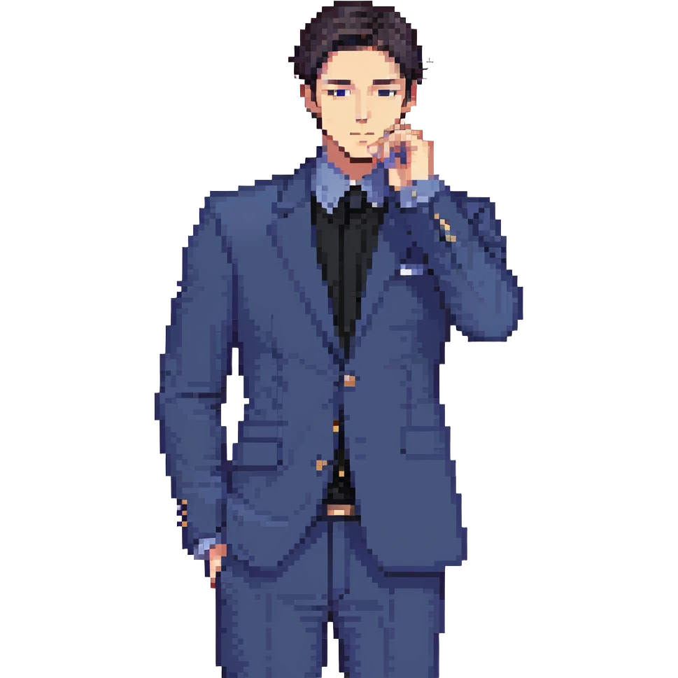 Flat pixel art, focused and confident male strategist, fair skin, short sleek dark hair, intense sharp eyes, wearing a deep indigo suit jacket over a black shirt, holding a blueprint in one hand, other hand thoughtfully touching chin, waist-up, front-facing emoji