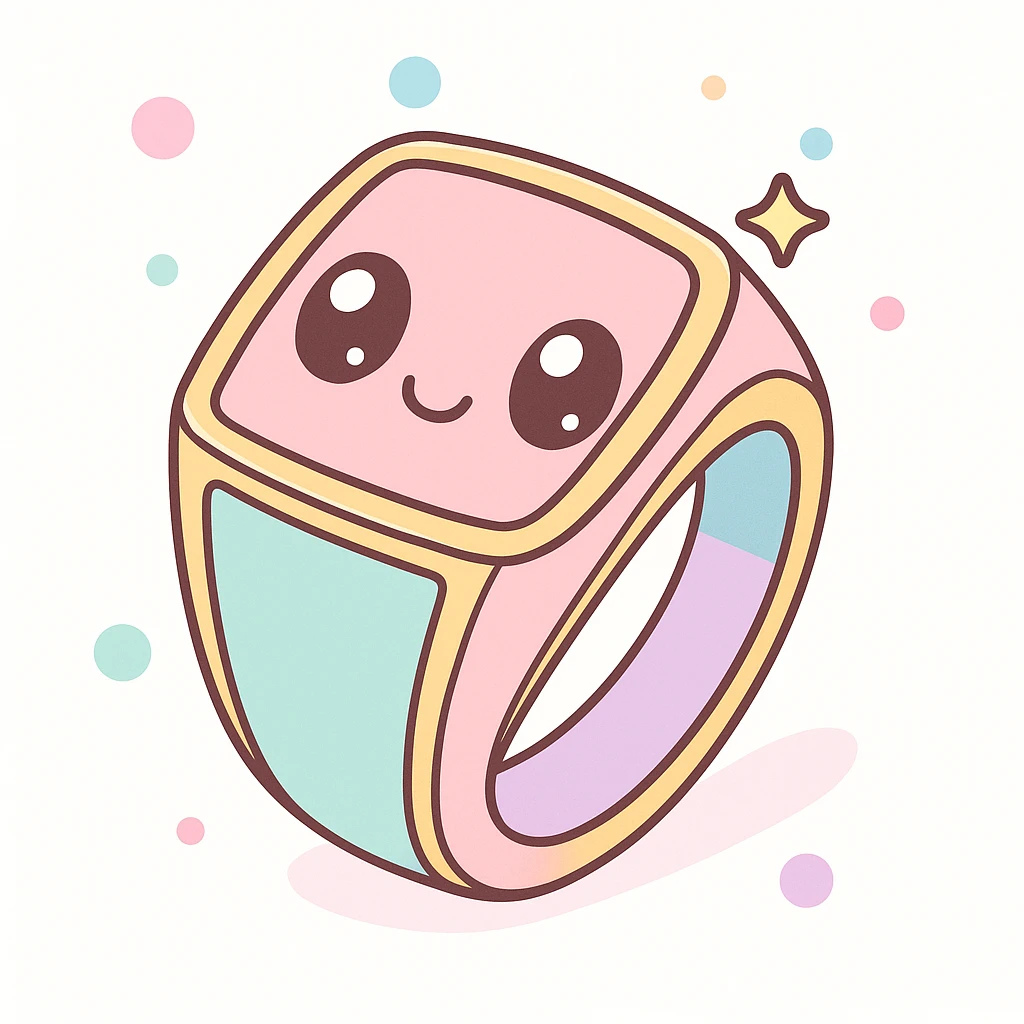 Transform this minimalist gold jewelry into kawaii style with cute faces and pastel colors, keeping it soft and playful. emoji