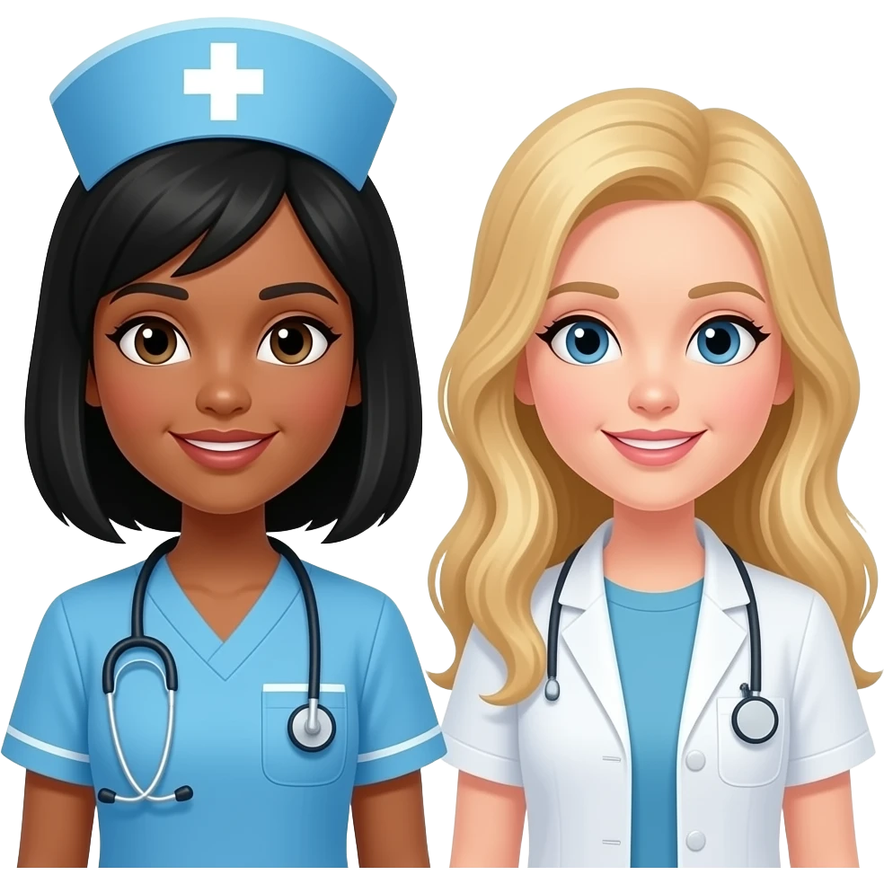Necesito una imagen de una enfermera de piel blanca con pelo negro junto con una nutricionista rubia pelo largo pero que sean dos chicas emoji