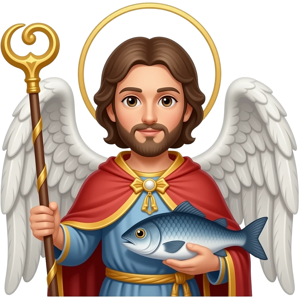 St. Raphael the Archangel with no beard holding a staff and a fish emoji