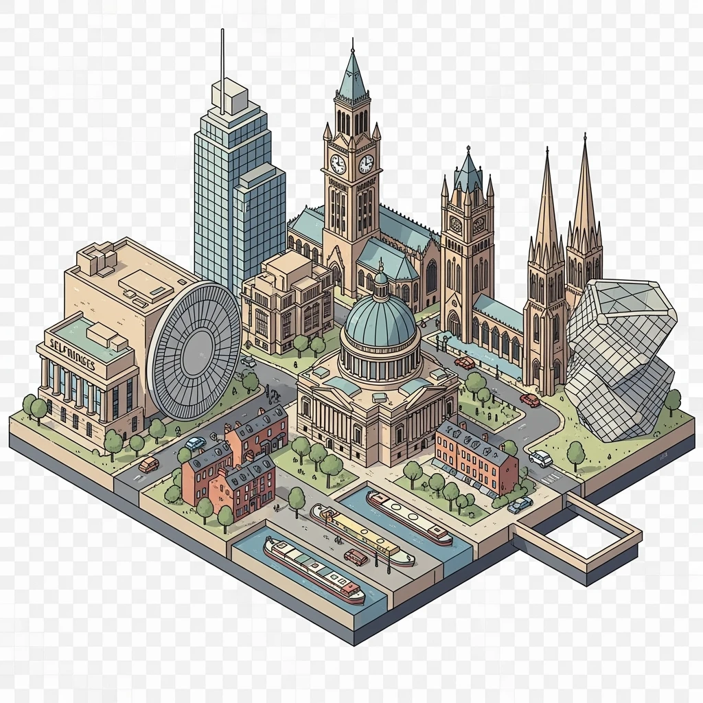 Isometric illustration of the Birmingham with iconic cities landmark, miniature slightly hand-drawn style, transparent background. emoji