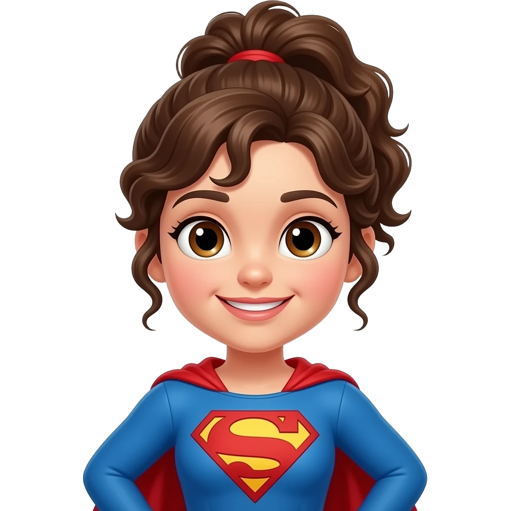 Super Julie superhero with brown hair curly pony emoji