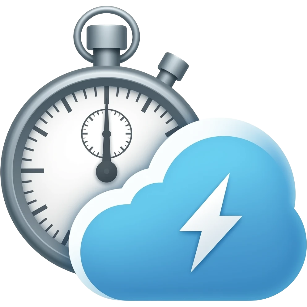Modern icon showing two elements: a manual stopwatch on the left, and a lightning bolt icon integrated into a data cloud on the right. Time comparison concept, efficiency of AI, sleek clean design, vector art, blue and white colors. emoji