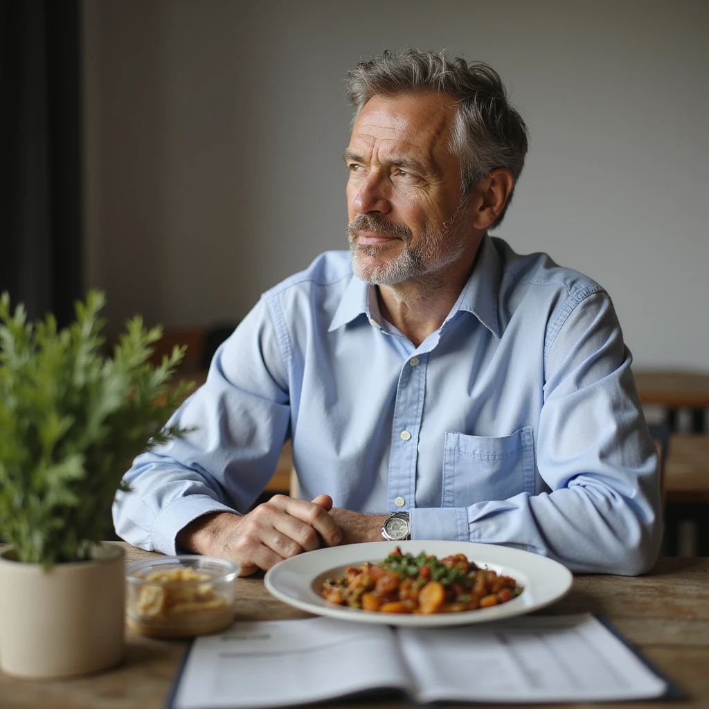 realistic image of a middle-aged man following a nutritional plan for diabetes control, sitting at a table with low glycemic index dishes, nutritional plan with charts and dietitian recommendations, serene and reassuring atmosphere emoji