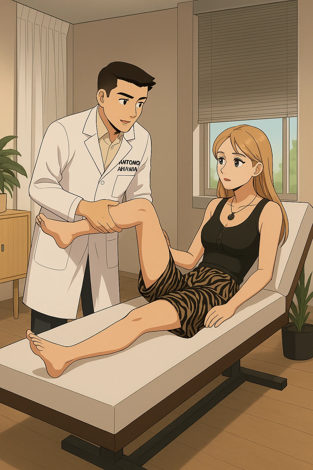 fai un webtoon/manga a colori con questo kinesiologo in camice bianco (fagli la scritta "ANTONIO ANANIA" SUL CAMICE) CHE SVOLGE UN TEST NEUROMUSCOLARE SOLLEVANDO UNA GAMBA ALLA RAGAZZA CHE è STESA SU UN LETTINO BIANCO. STANZA SEMPLICE E MODERNA, DURANTE IL TEST I DUE DIALOGANO TRA LORO. NON FARE I FUMETTI, FAI SOLO LORO COME SE DIALOGASSERO emoji