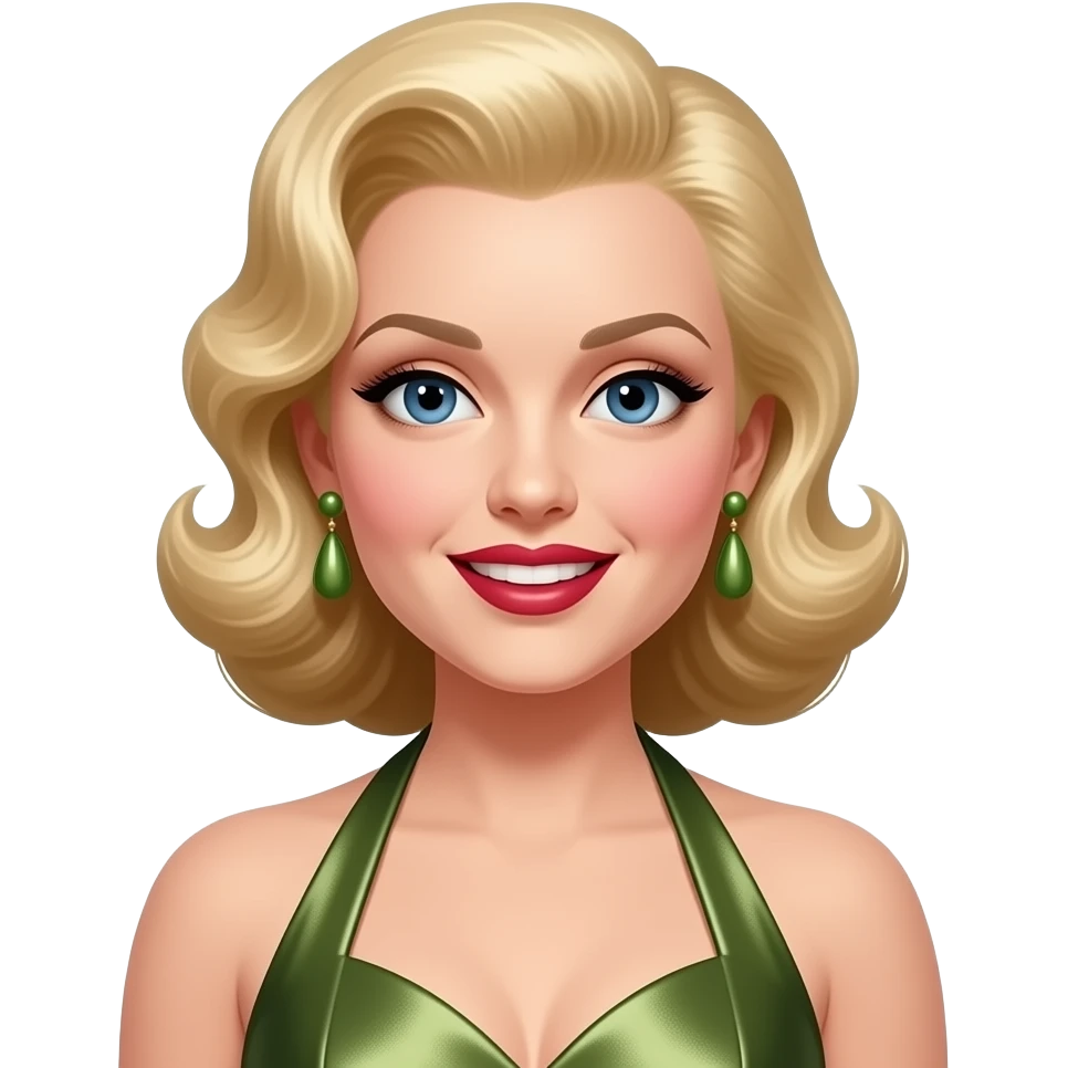 Patty Andrews from The Andrews Sisters with dark blue eyes, long blonde 40s victory roll hair, olive metallic halter dress, olive earrings emoji