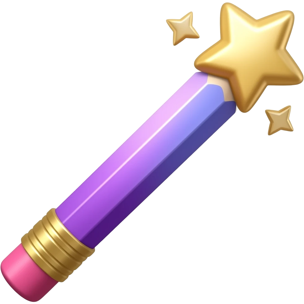 one purple gradient pencil in front of a shiny magic wand (fairy mood but no actual fairy character) sparkling wand with a star toward top/end of pencil (rubber side) emoji