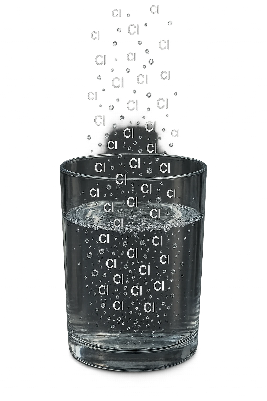 un bicchiere di acqua realistico e dettagliato fluttua in aria, dentro l'acqua del bicchiere ci sono particelle di cloro ben visibili con la scritta "Cl" sopra, ci sono particelle anche che escono dal bicchiere e fluttuano in aria verticalmente, mentre alcune sono all'interno dell'acqua nel bicchiere, iperrealistico 4k emoji
