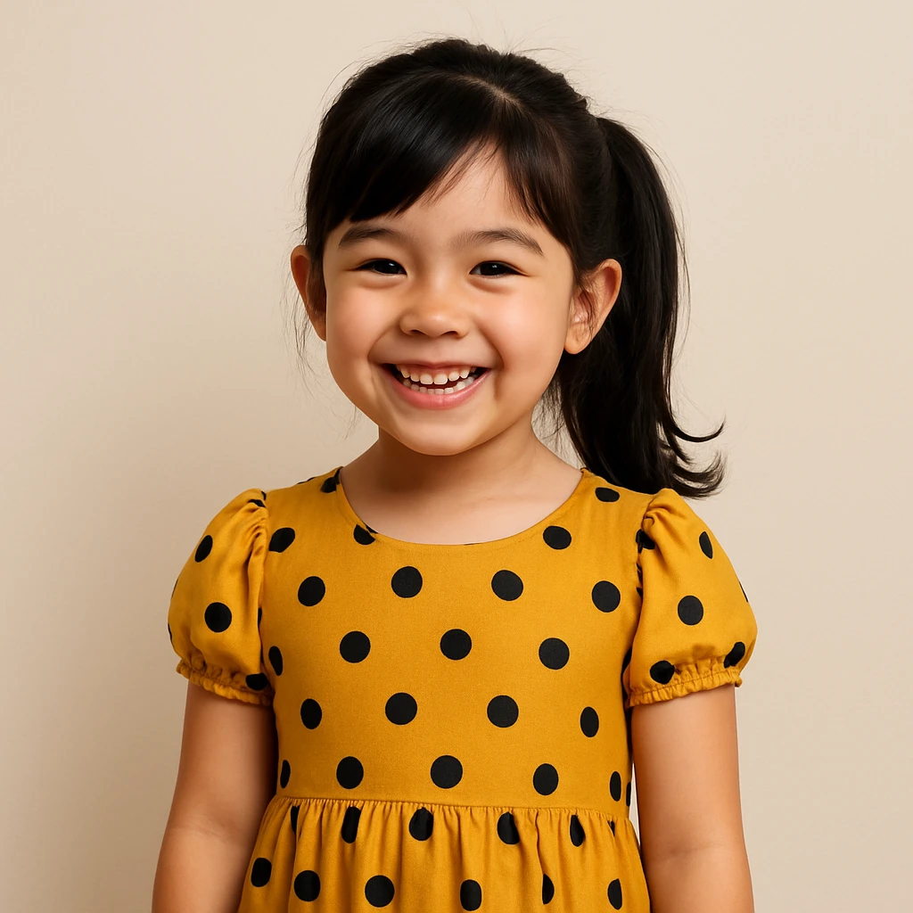 girl wearing a dress, black hair styled in a ponytail, cheerful, plain background emoji