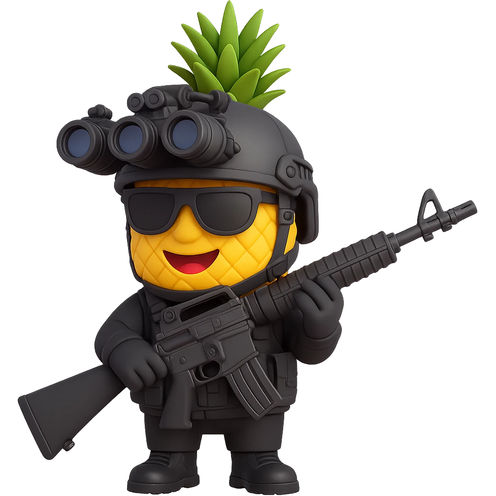 Make the pineapple wear special forces gear including a tactical helmet with night vision goggles, a black tactical vest, and gloves. The background should be transparent with no background. emoji