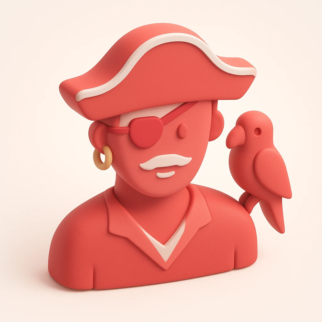 3D red style pirate with eye patch and parrot, classic hat, gold earring emoji