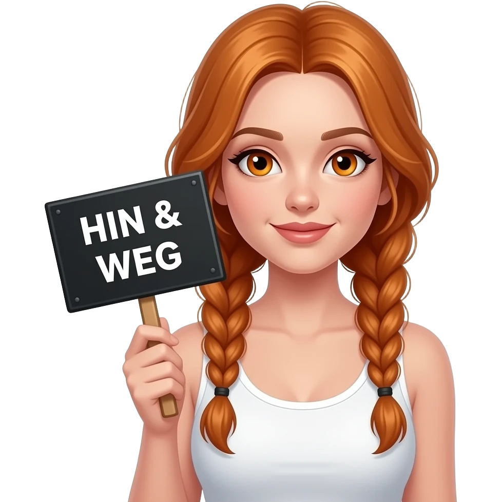 sexy girl with long ginger braids and ginger eyes wearing a white tanktop is holding a black sign with HIN & WEG written on it emoji