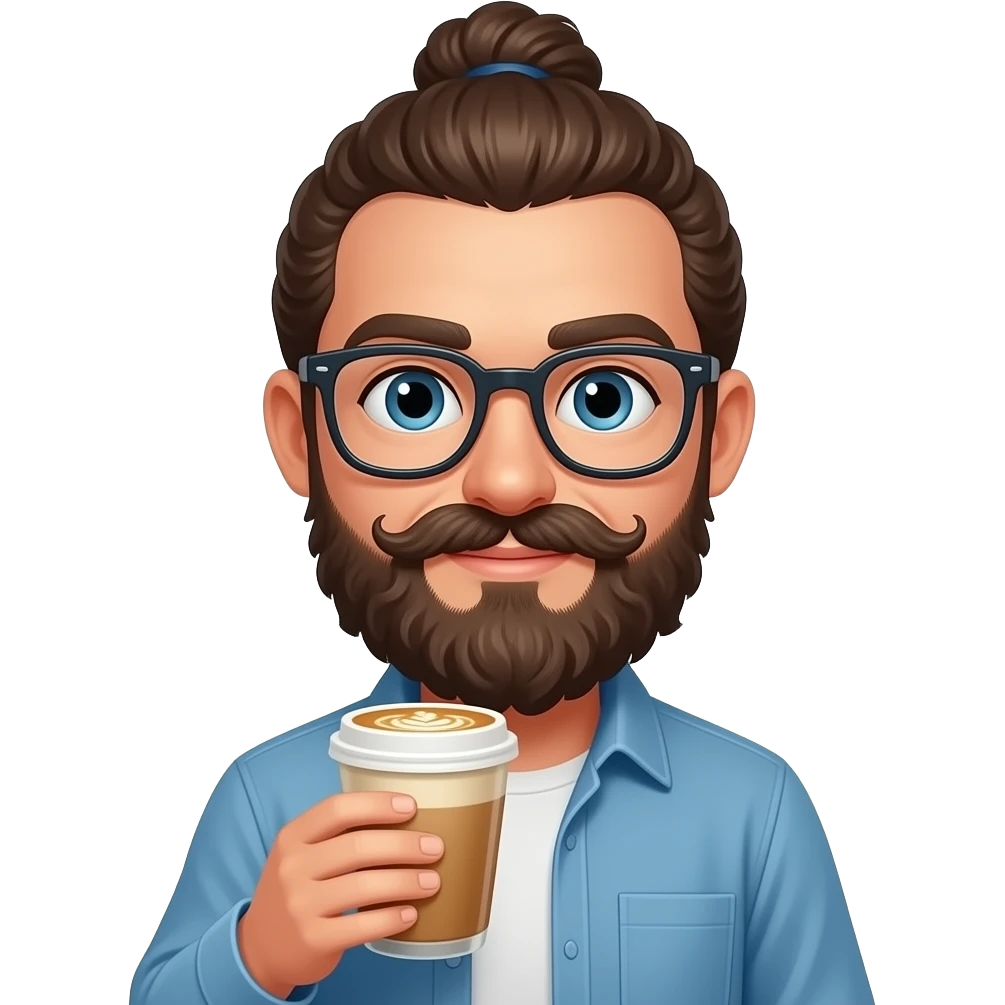 hipster with glasses and curly mustache and a man bun holding latte emoji