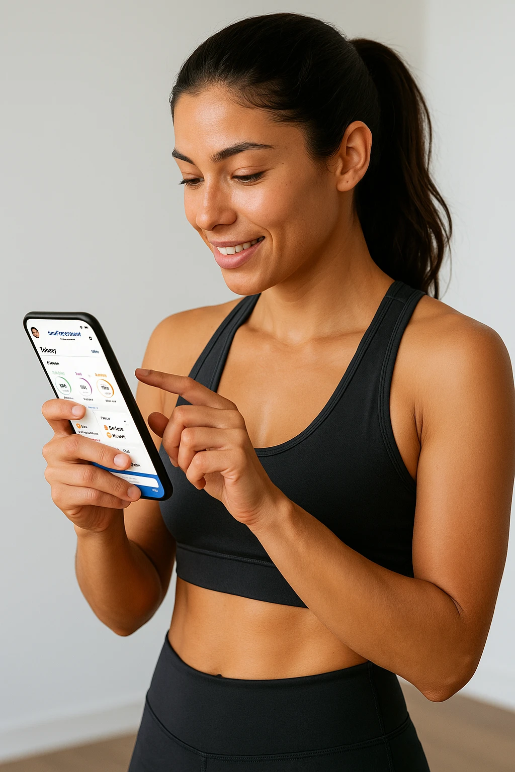 Donna sportiva che usa app contacalorie come myfitnesspal emoji