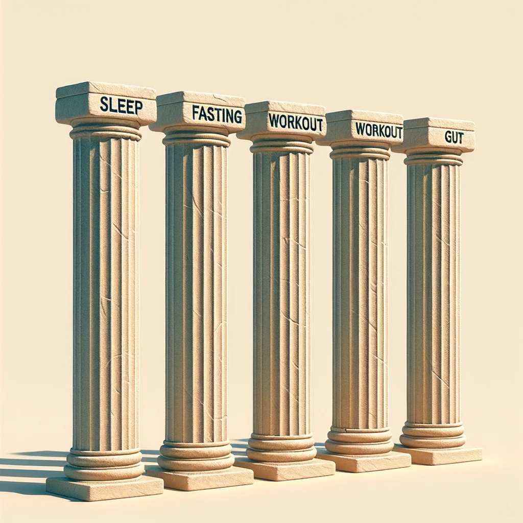 5 pilastri con le scritte "SONNO", "DIGIUNO", "ALLENAMENTO", "INTESTINO", SFONDO CHIARO emoji
