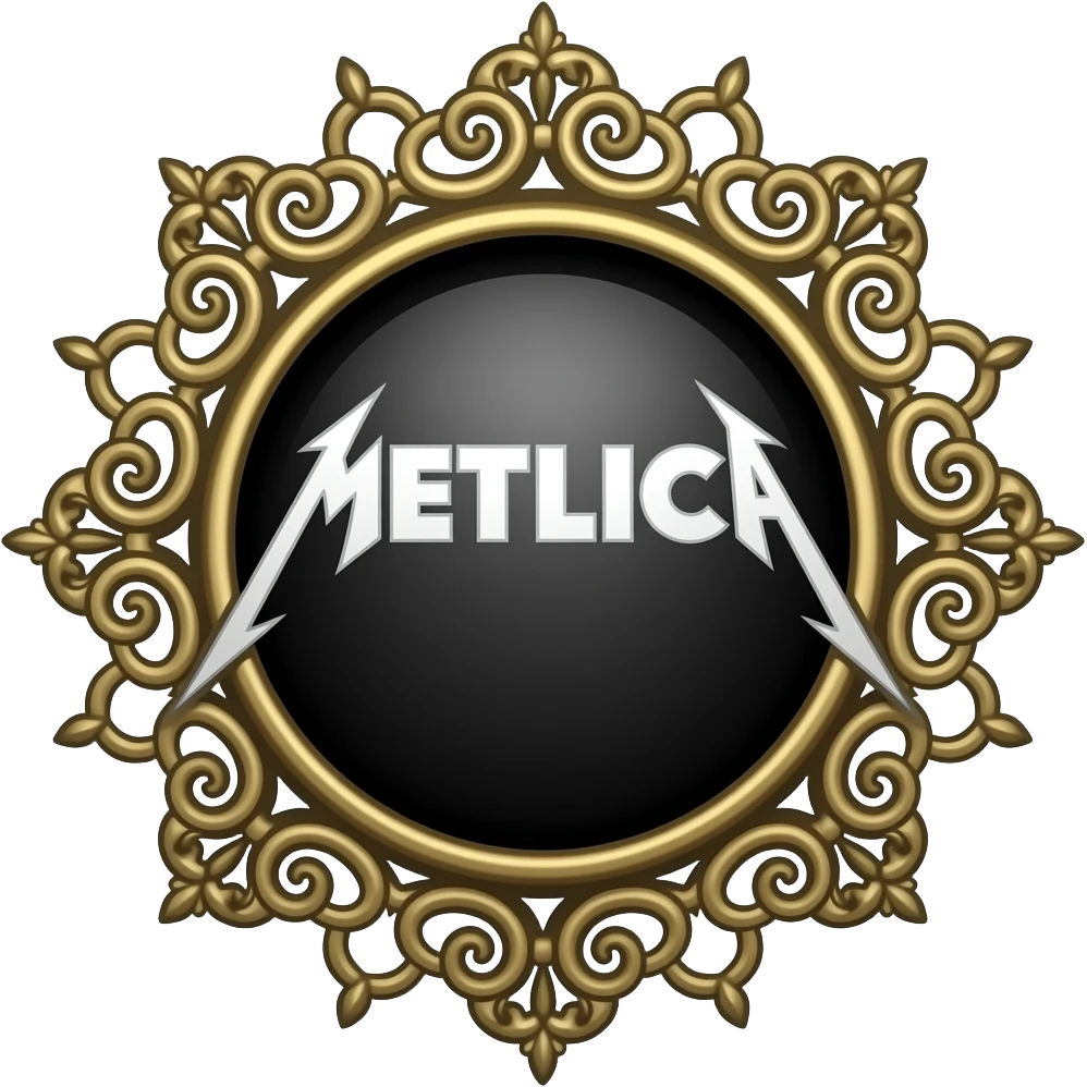 a surreal symbol for the group Metallica with a lot of arabesques and tendrils around the brooch on which the logo rests emoji