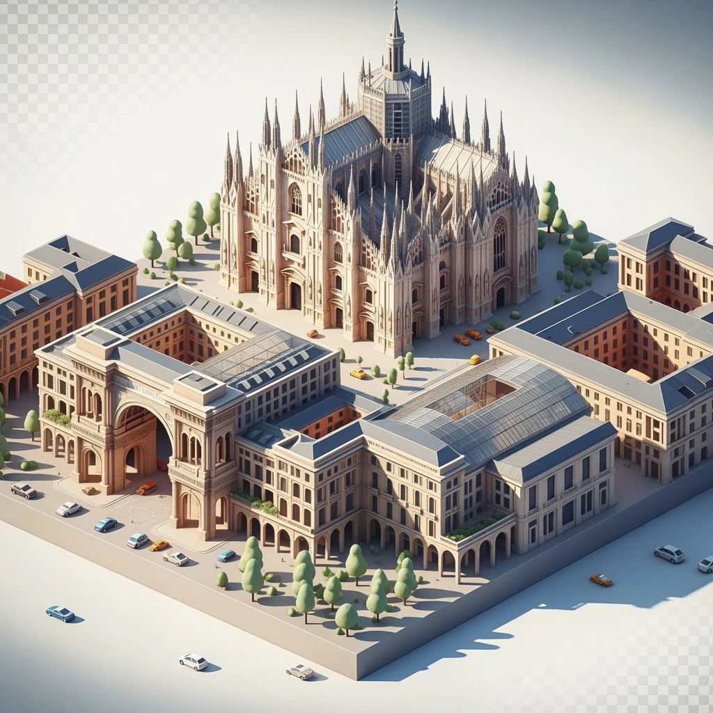 Isometric Milan with the Milan Cathedral (Duomo di Milano) and Galleria Vittorio Emanuele II arcade, toy-style elements, soft shadows, pastel diorama style, transparent background emoji