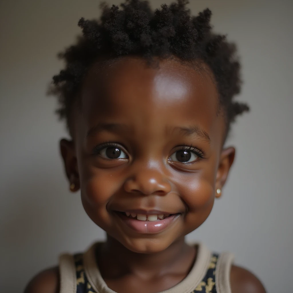 a little black child in realistic style, smiling, lifelike details, natural skin tone, detailed face emoji