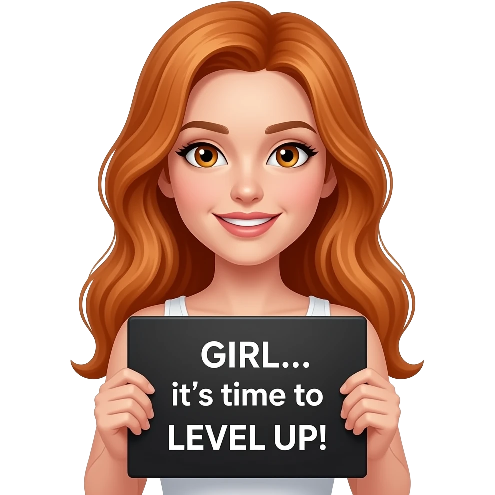 sexy girl with long ginger hair and ginger eyes wearing a white tanktop is holding a black sign with GIRL... it's time to LEVEL UP! written on it emoji