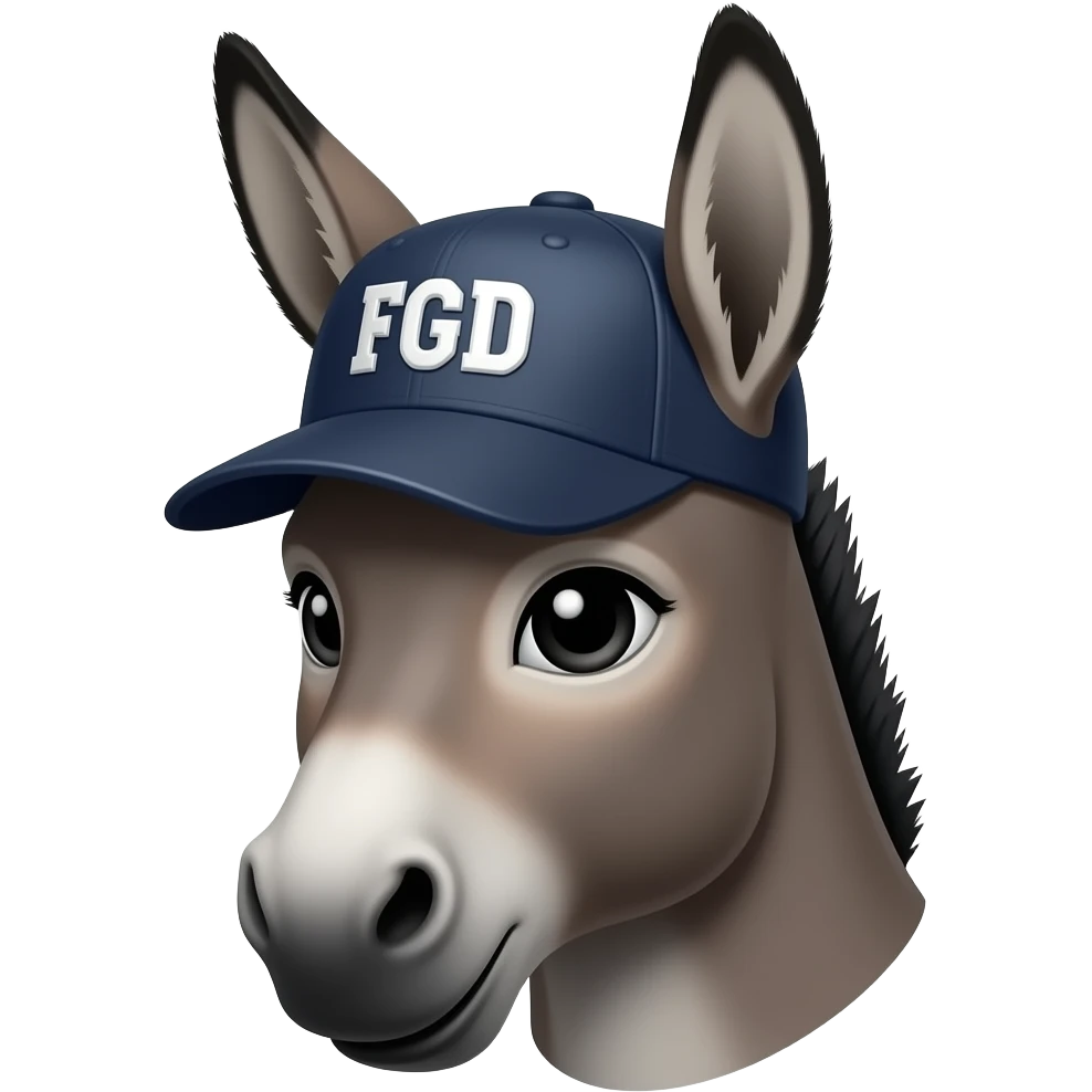 Donkey headshot wearing a baseball cap with the letters FGD, 3/4 front view emoji