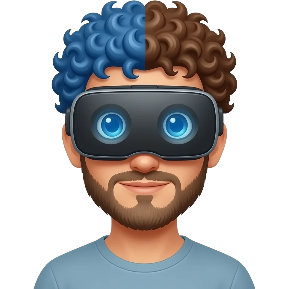 A man playing vr with curly hair which is part blue part brown emoji