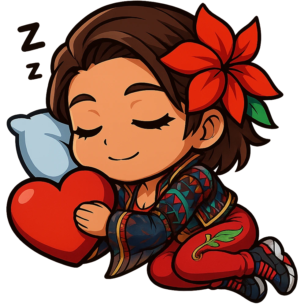 Azucena from Tekken 8 in chibi sticker style, sleeping with a little pillow, peaceful expression, wearing the detailed red and patterned outfit from the reference images, designed for Twitch emote use. emoji