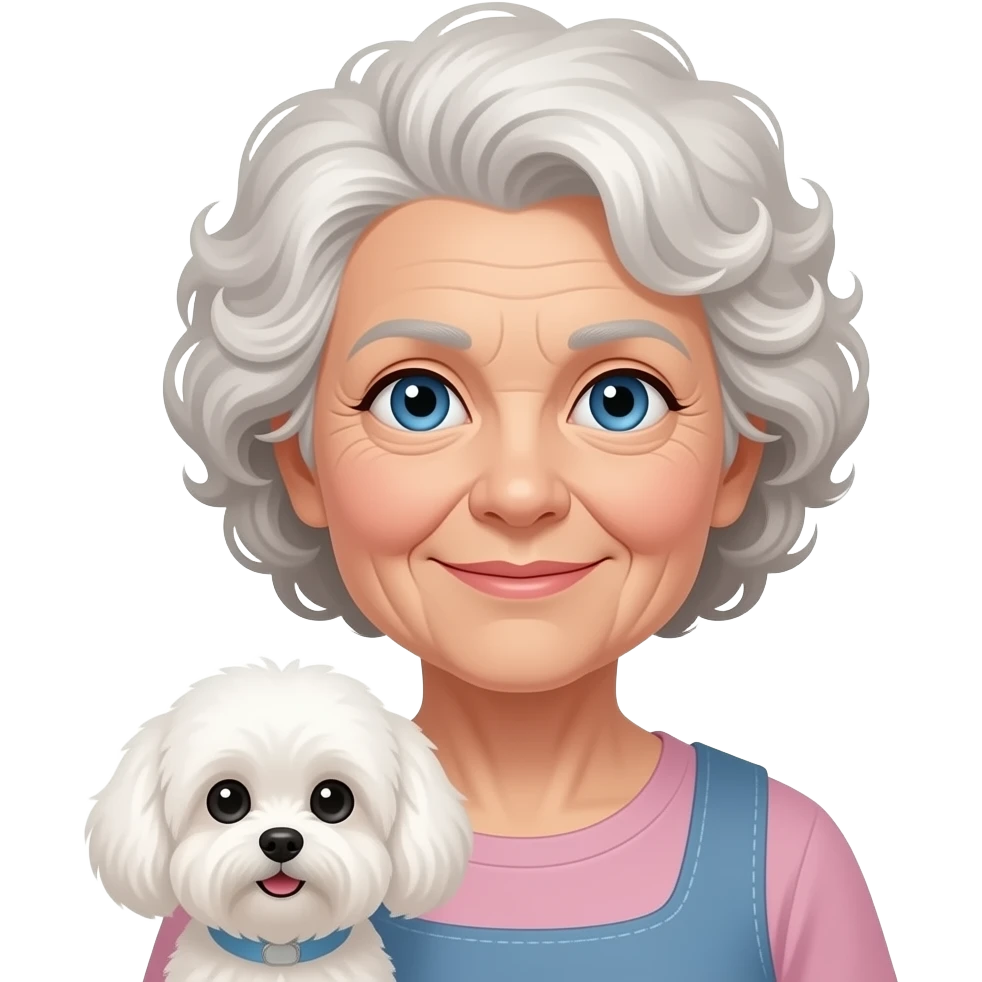Elderly woman blue eyes very curly hair with maltese dog emoji