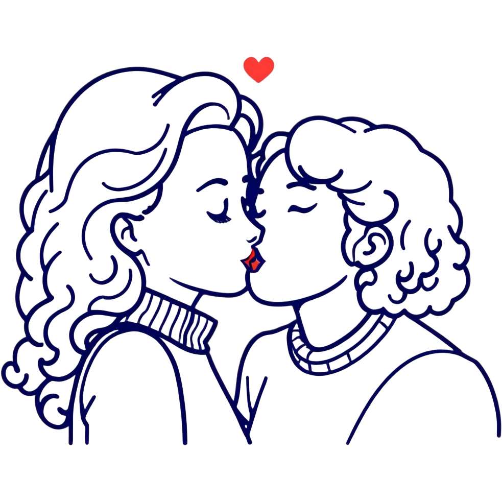 curly haired girl kissing a man with a beard, romantic couple kiss emoji
