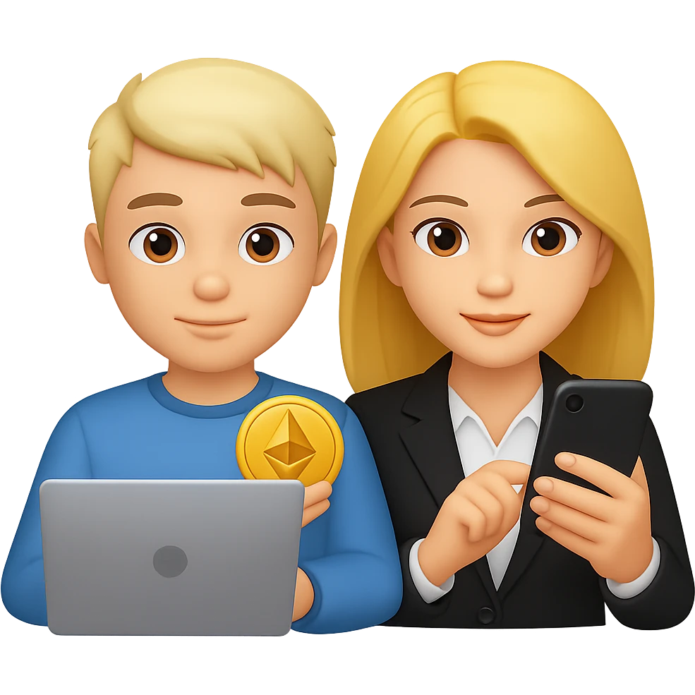 Combine the crypto investor man and girl together in an emoji style. The man should have a computer and the girl should have a mobile phone. Both are surfing the web for crypto knowledge. No background. emoji