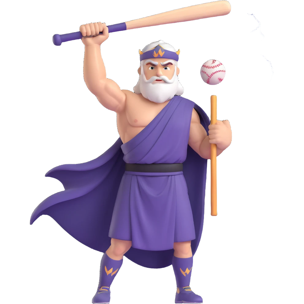 a heroic baseball god in a toga and jersey, bat raised, lightning crackling around emoji