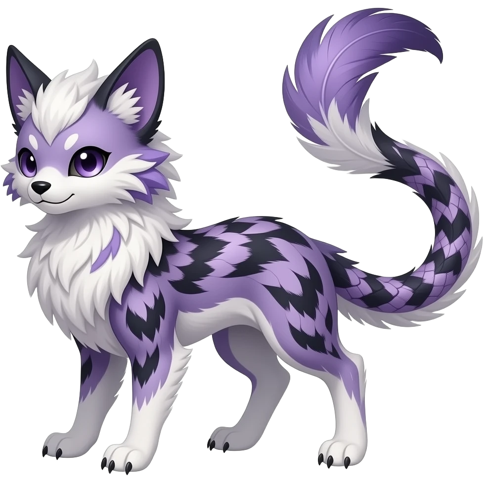 Khoi-flecks-patterned majestic feathery elegant realistic stylish Furry, feathery fluffy tropical flecked painted feathery scaly, Purple, white, black, Minccino-Bambino-Lykoi-Linoone-Zangoose-fusion-hybrid-animal-Fakémon-creature, full body, thin long sleek scaly tail, intricate markings emoji