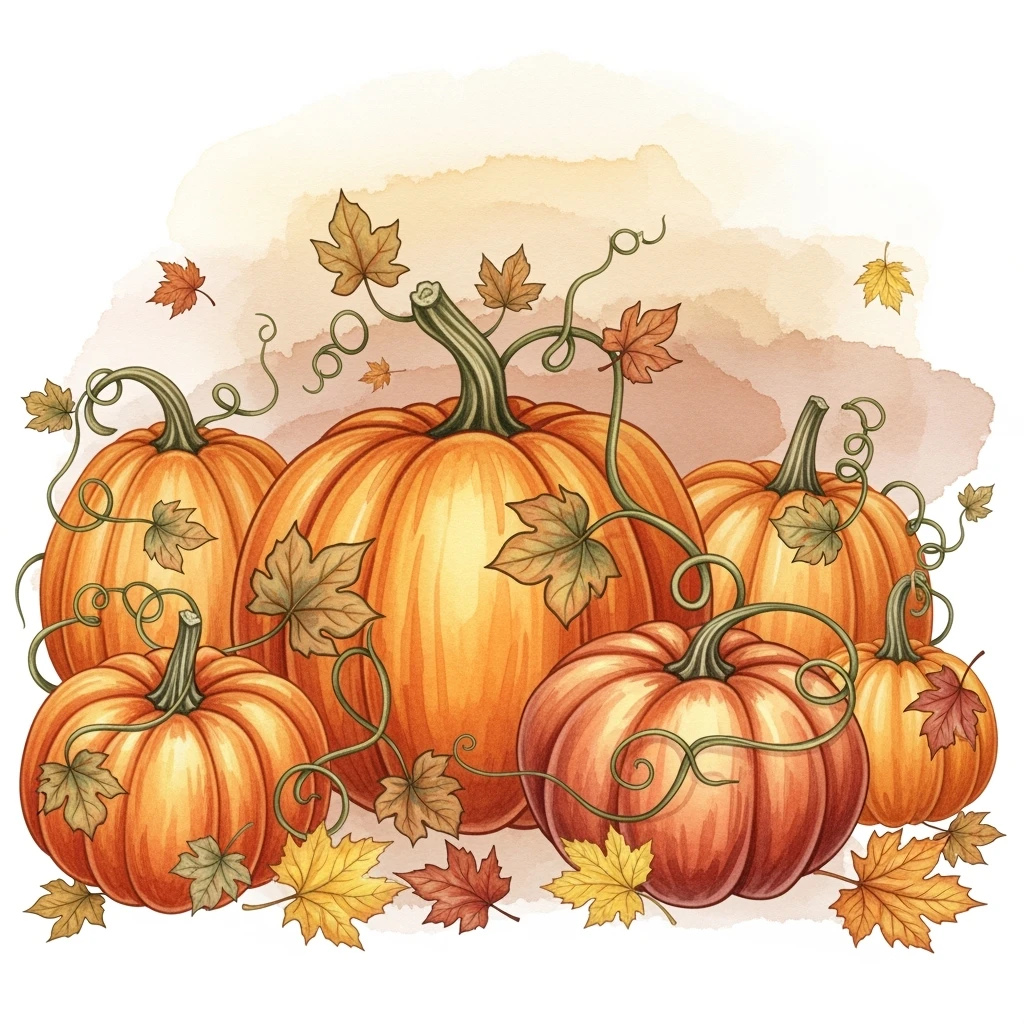 autumn pumpkin patch illustration, large pumpkins with leaves and vines, rustic style, orange and earthy tones, watercolor texture background emoji