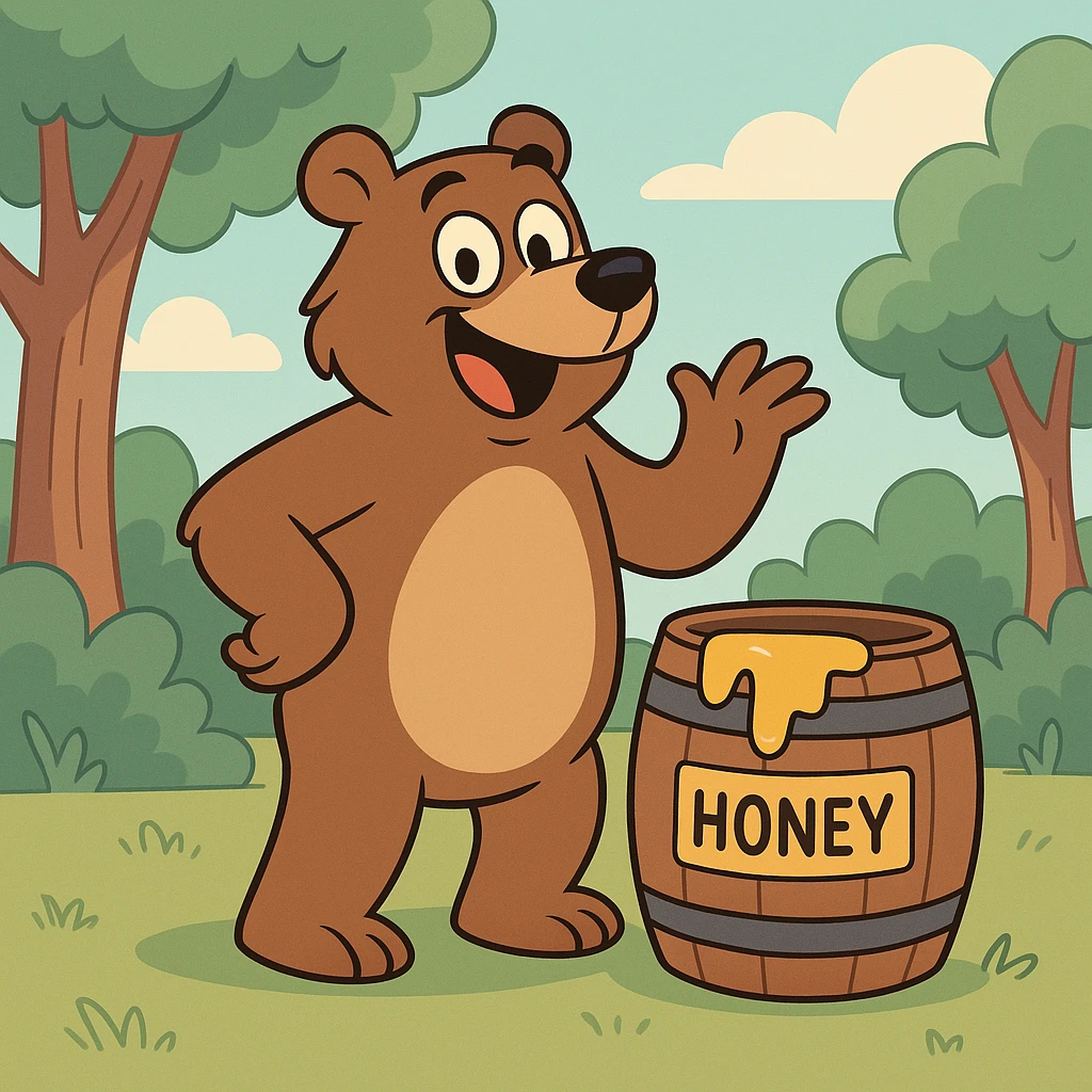 cartoon scene of a happy playful bear standing next to a honey barrel in a bright cheerful forest with trees bushes and blue sky emoji