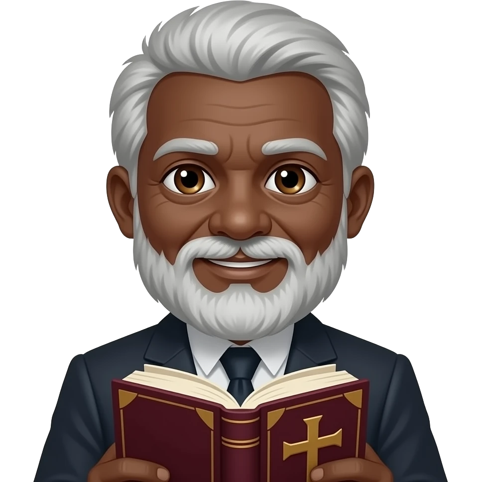 wise old man with grey hair slight smile brown eyes white beard black skin with burgundy book that has a cross on it no circle emoji